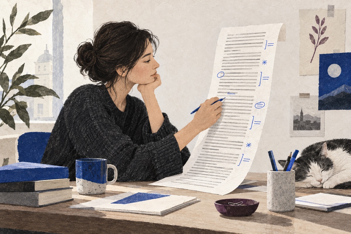 A reader making cobalt margin marks on a long paper response