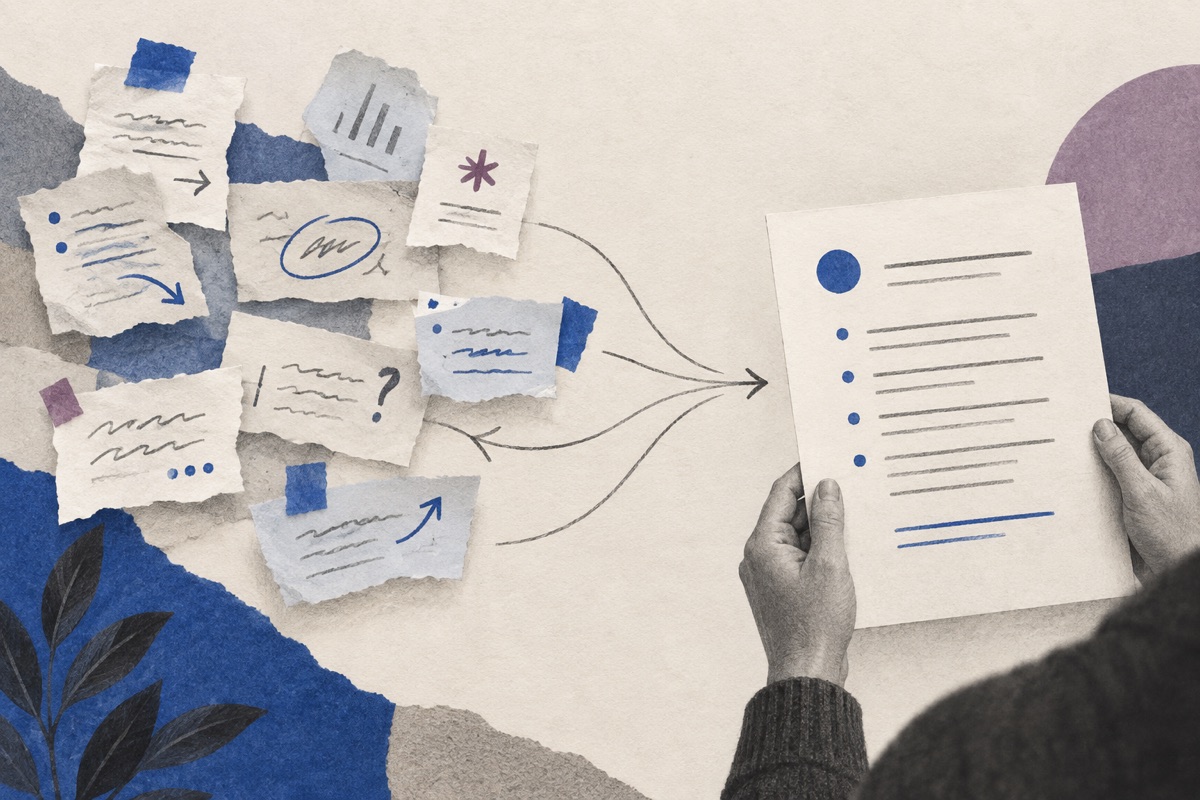 Scattered annotated paper fragments converging into one ordered follow-up sheet