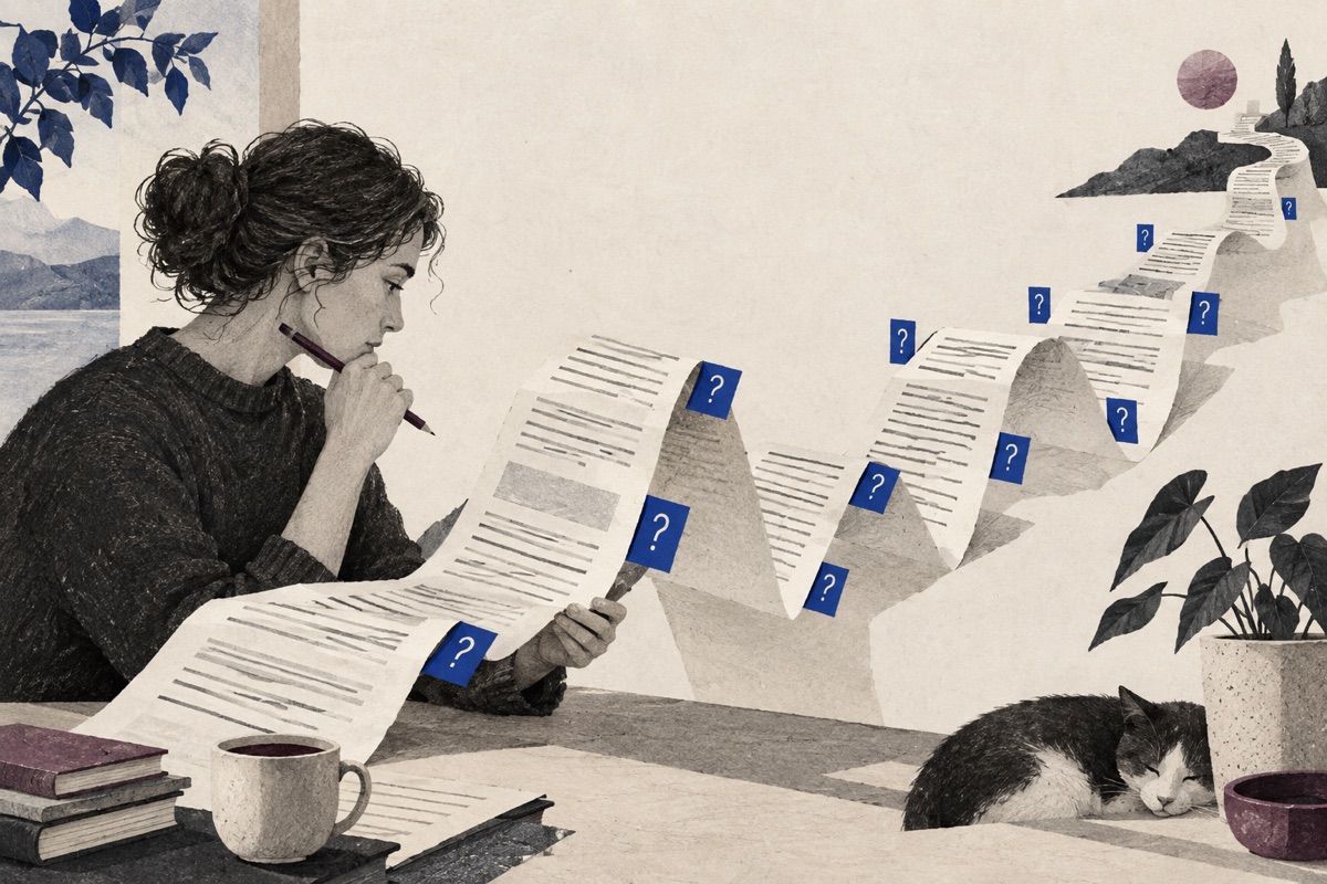 A reader following a long folded response with question markers along the path