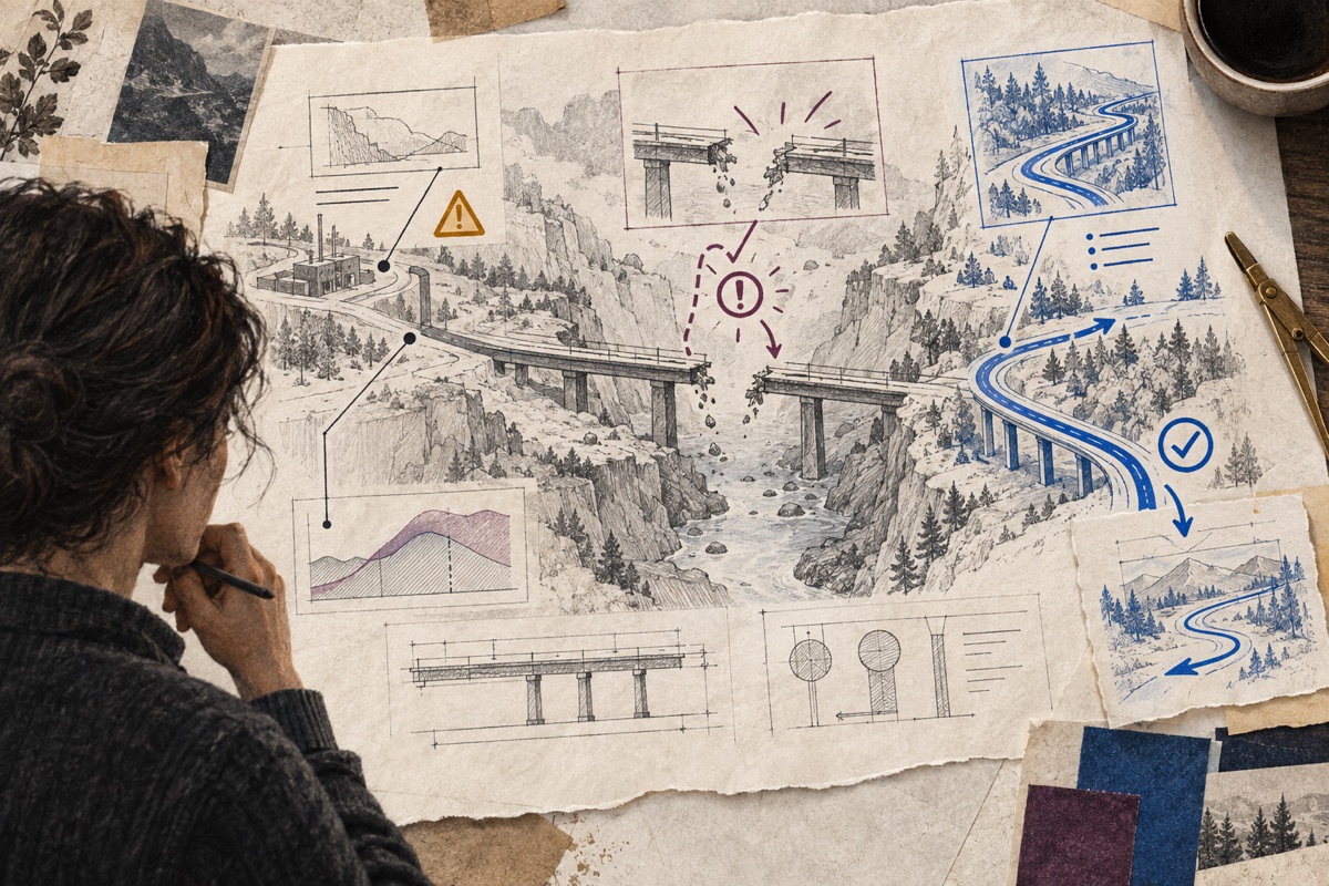 A technical plan showing a broken bridge, risk markers, and a safer alternate route